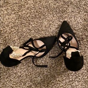 Point Toe Faux Pearl Ankle Strap Stiletto Heals